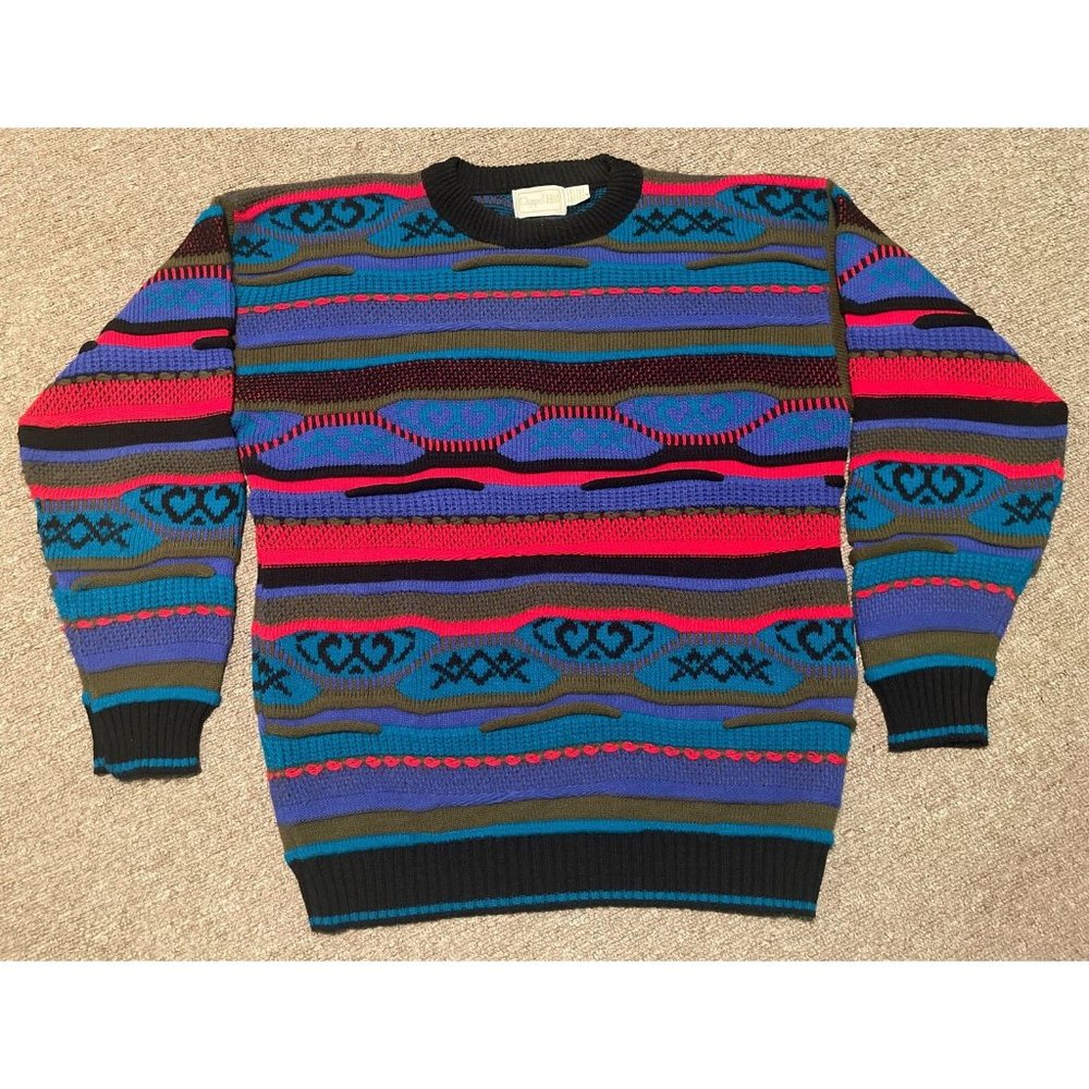 Vintage 90s Medium Chapel Hill Multi Color Sweater Biggie Hip Hop Coogi Style